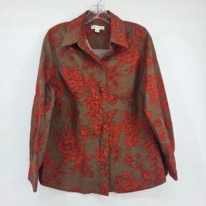 Coldwater Creek Button‎ Up Shirt L Brown Orange Floral Cotton Boho Fall Eclectic